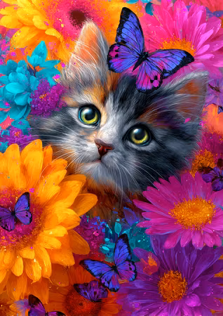 Diamond Painting - Katt bland solgula och rosa blomster (Beställningsvara)