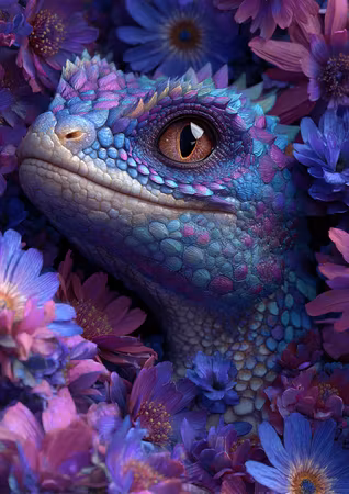 Diamond Painting - Liten drake i blå-lila blomsterskimmer (Beställningsvara)