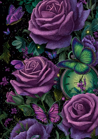Diamond Painting - Lila rosor och fjärilar med smaragdgrön klocka (Beställningsvara)
