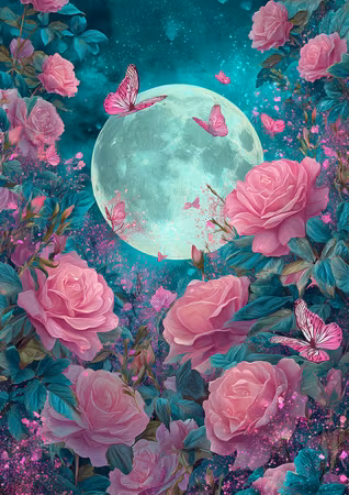 Diamond Painting - Fullmåne med rosa rosor och fjärilar (Beställningsvara)