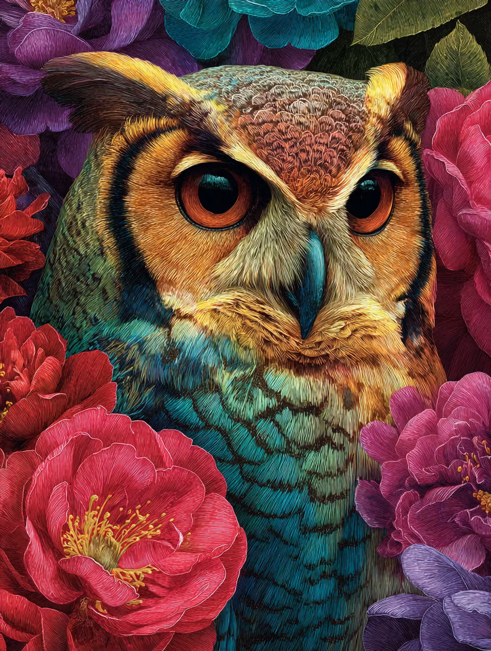 Diamond Painting - Ugglans blick bland rosor och färger (Beställningsvara)
