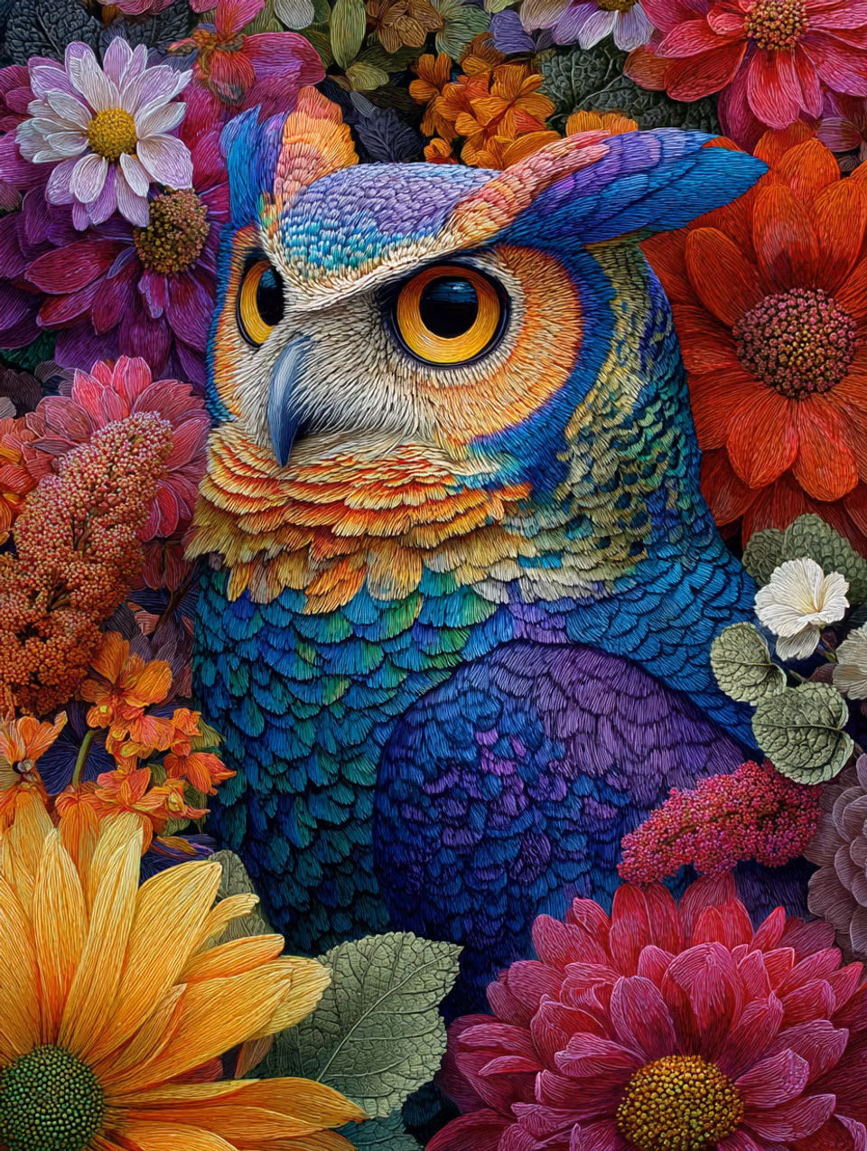 Diamond Painting - Ugglans regnbågsskimmer bland blommor (Beställningsvara)