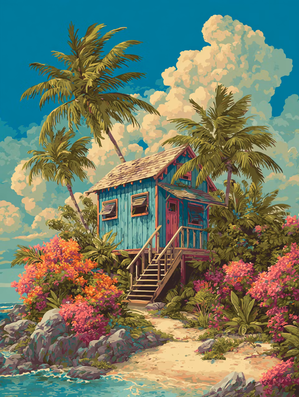 Diamond Painting - Blått paradis bland palmer och blommor (Beställningsvara)