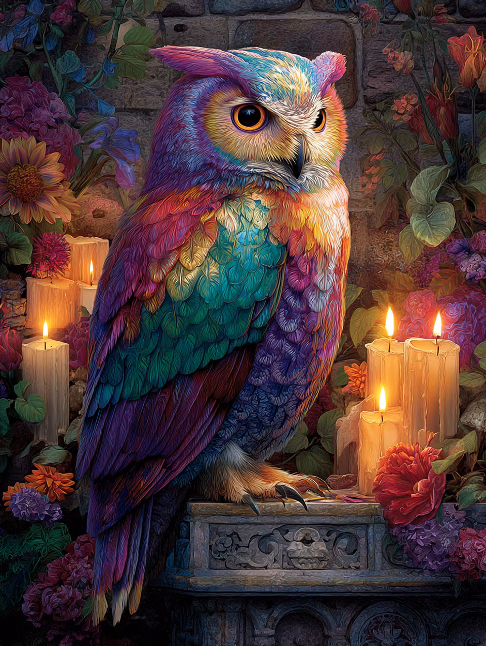 Diamond Painting - Magisk uggla i sken av levande ljus (Beställningsvara)