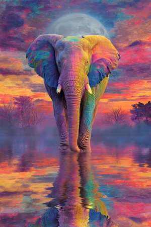 Diamond Painting - Regnbågselefanten under månens sken (Beställningsvara)