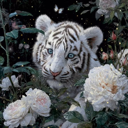 Diamond Painting - Blåögd tigerunge i blommornas rike (Beställningsvara)