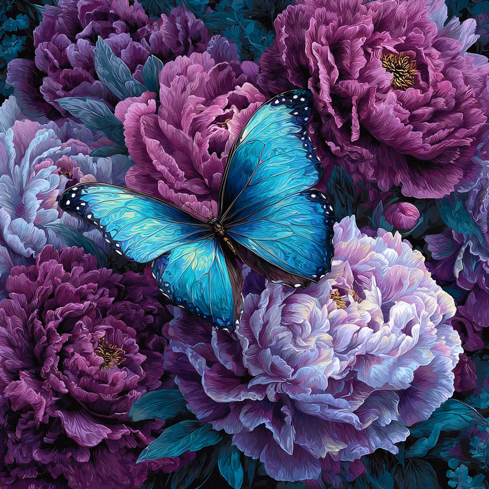 Diamond Painting - Turkos fjäril bland lila pioner (Beställningsvara)