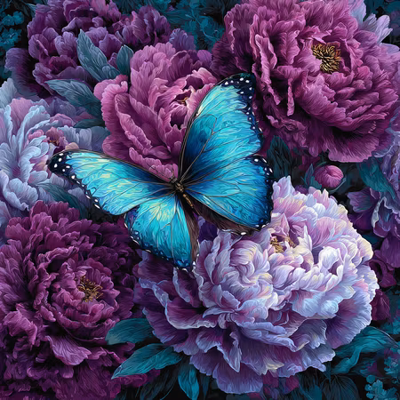 Diamond Painting - Turkos fjäril bland lila pioner (Beställningsvara)