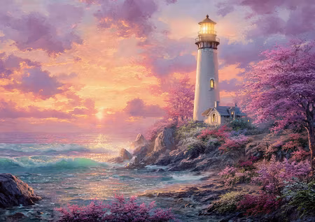 Diamond Painting - Solnedgångens fyr vid blommande klippor (Beställningsvara)