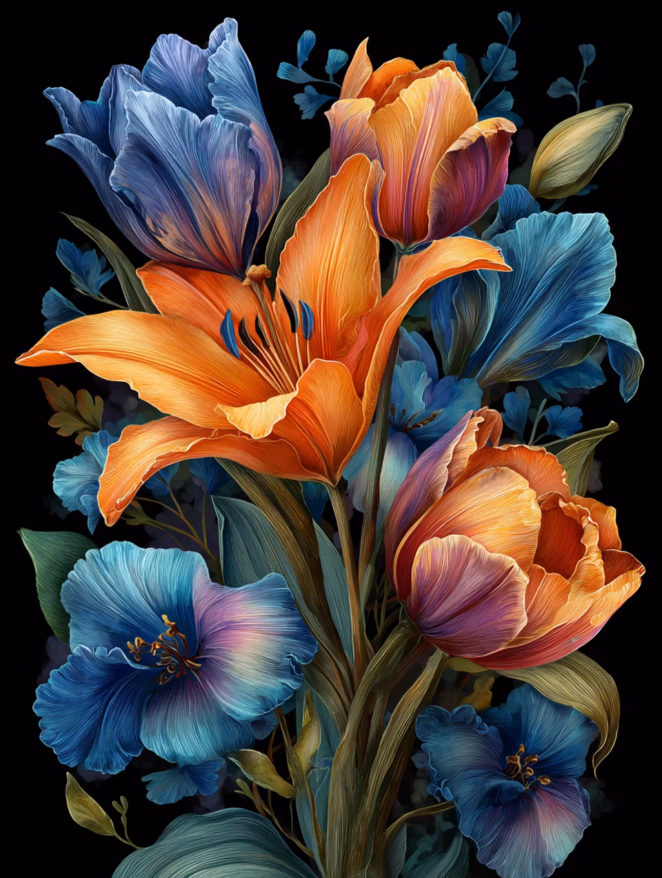 Diamond Painting Akryl - Blomsterprakt i orange och blått