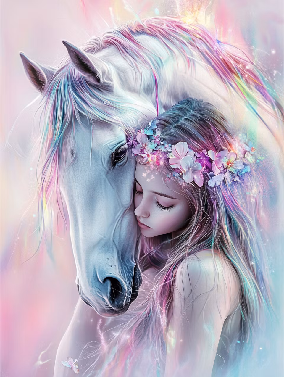 Diamond Painting - Flickan och hästen i pastell (Beställningsvara)