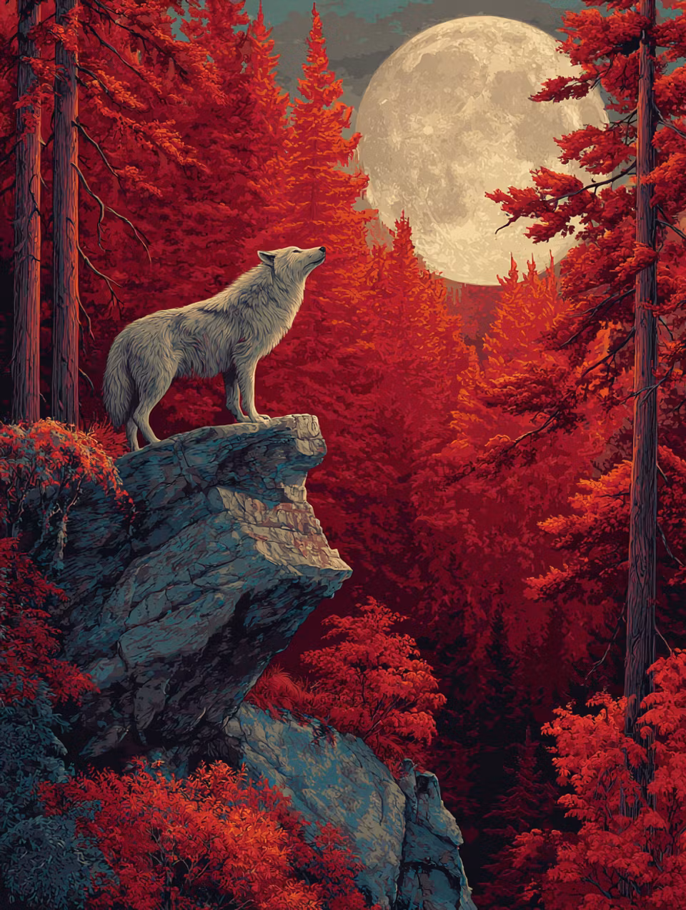 Diamond Painting - Ylande varg under fullmåne i röd skog (Beställningsvara)