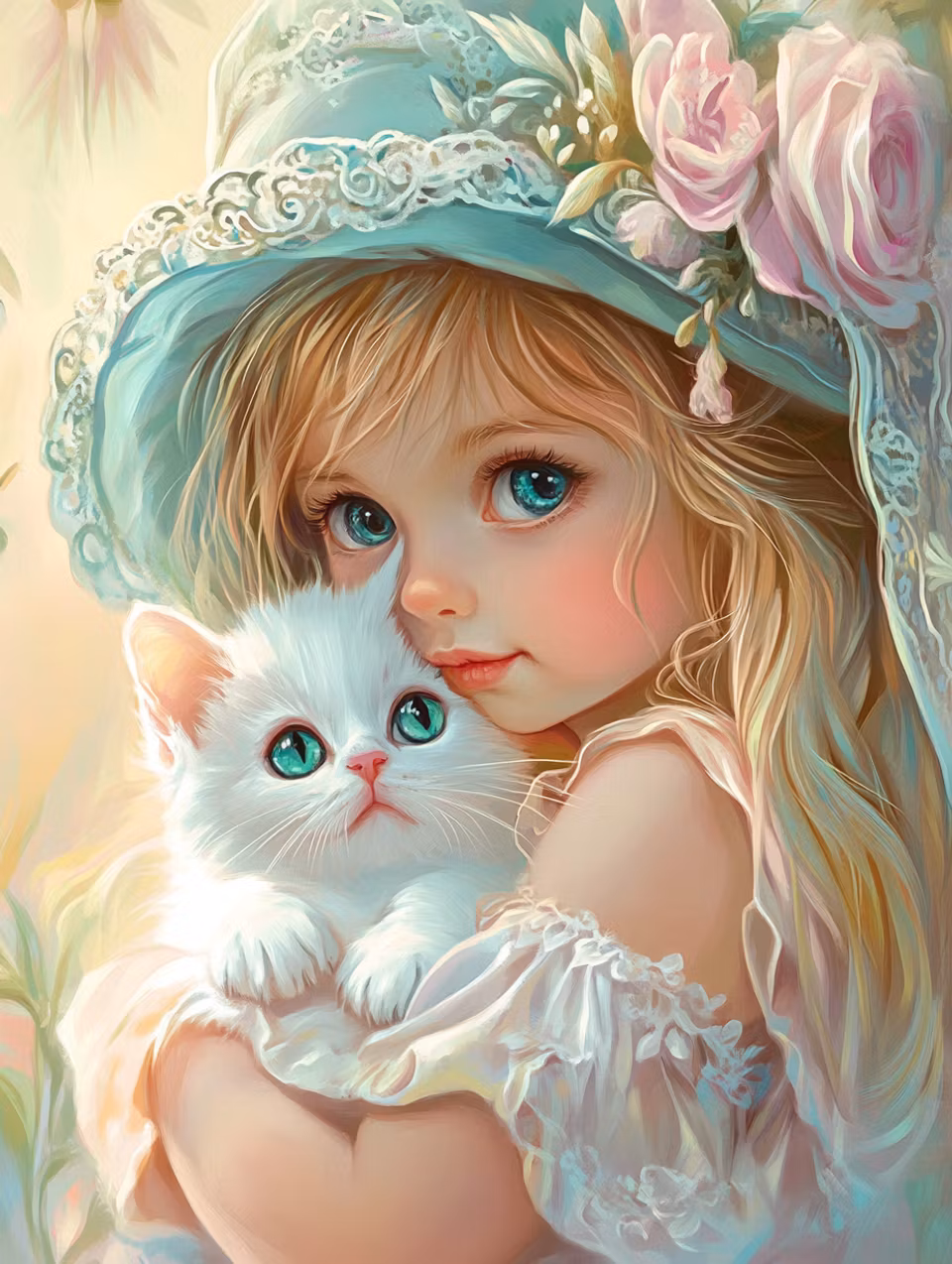 Diamond Painting - Flicka med vit kattunge (Beställningsvara)