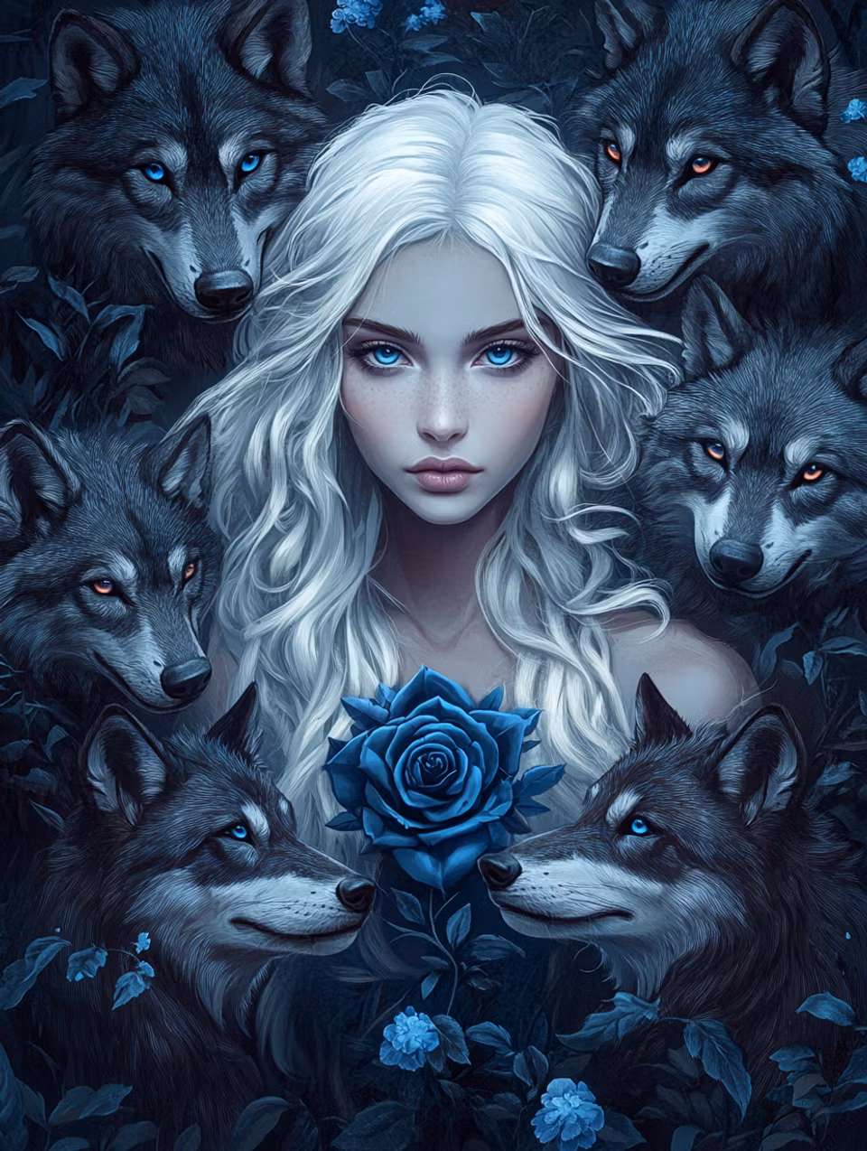 Diamond Painting - Kvinnan med vargarna och blå rosen (Beställningsvara)