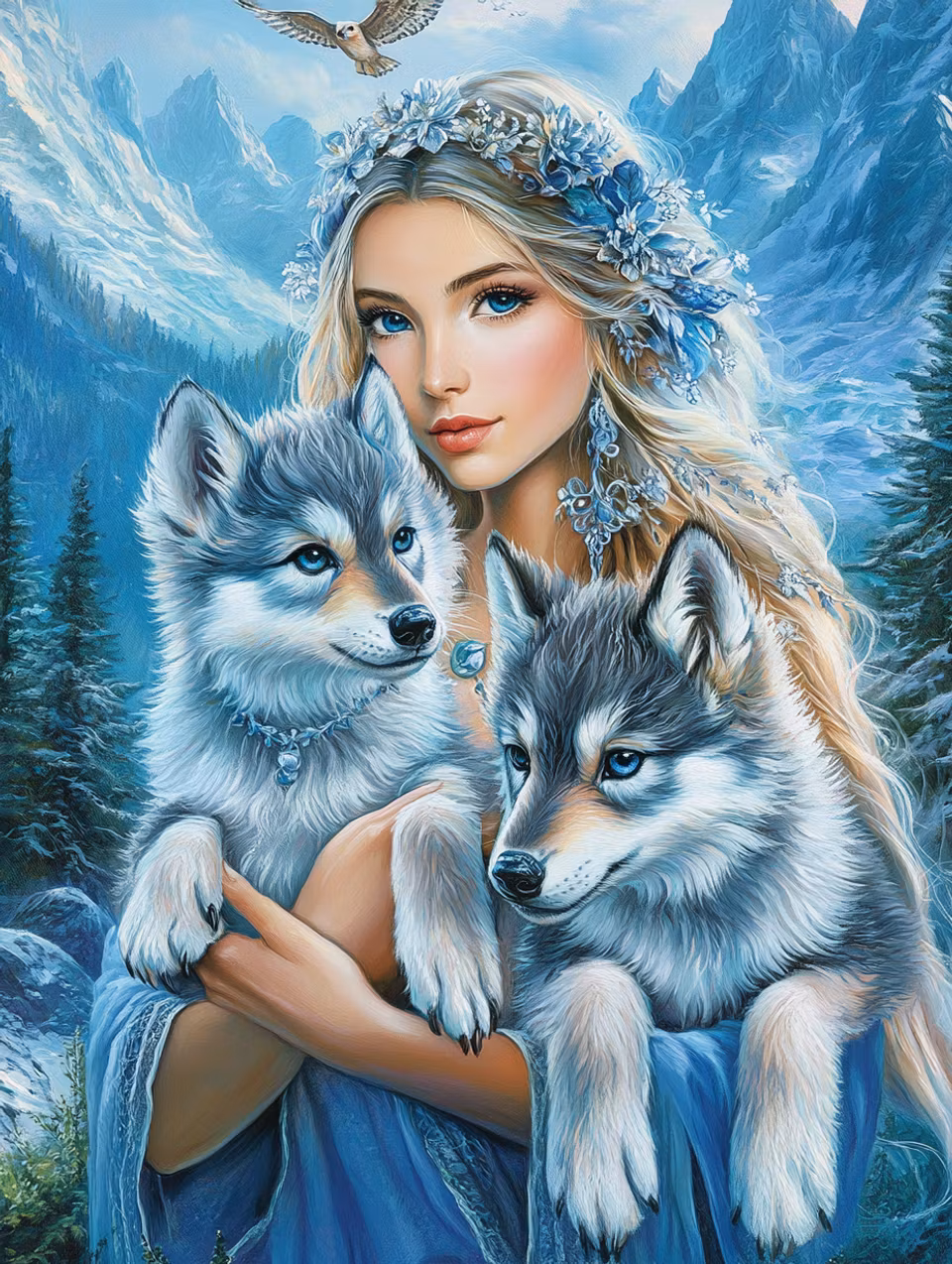 Diamond Painting - Kvinna med vargvalpar (Beställningsvara)
