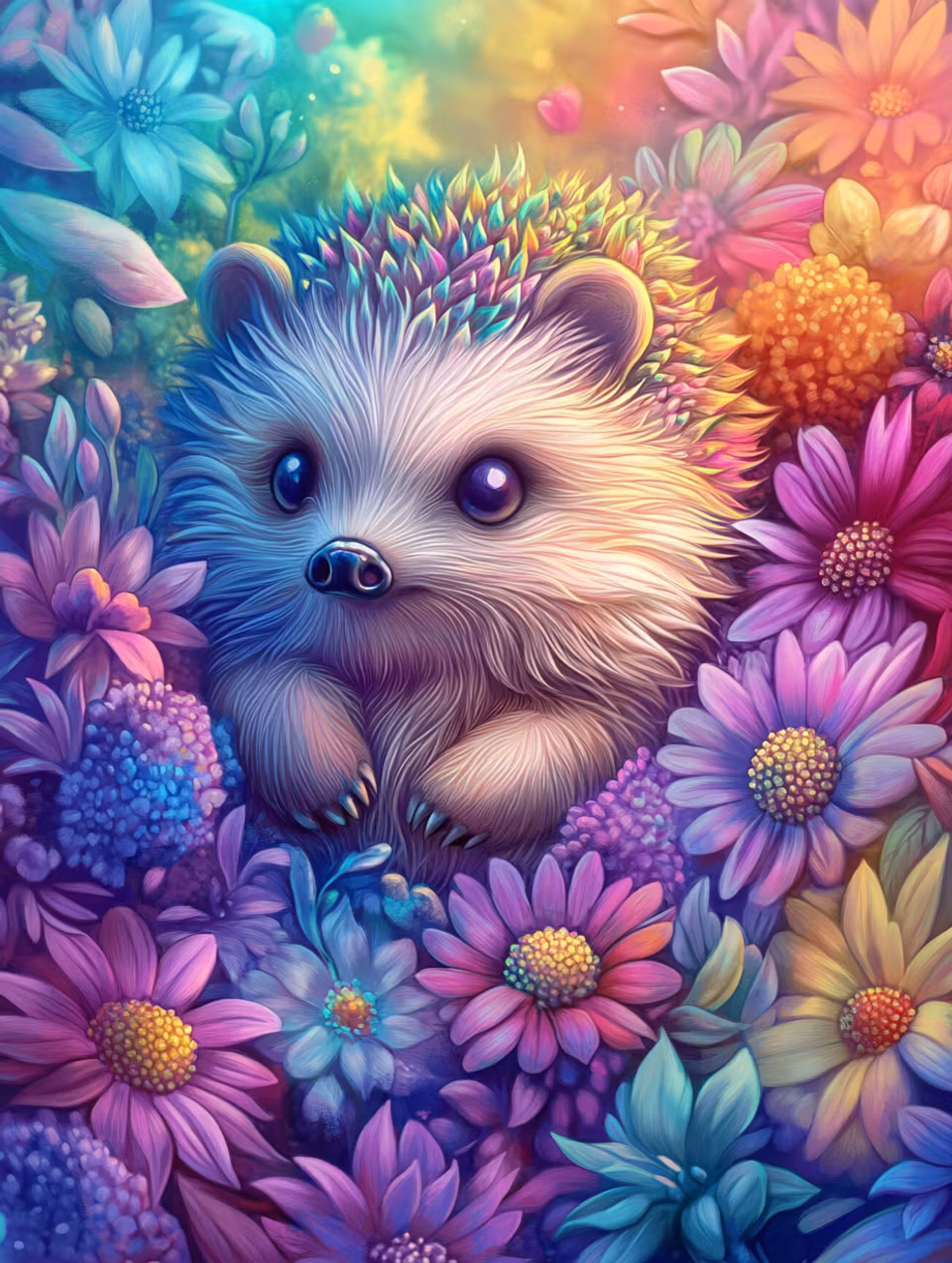 Diamond Painting - Igelkott bland pastellfärgade blommor (Beställningsvara)