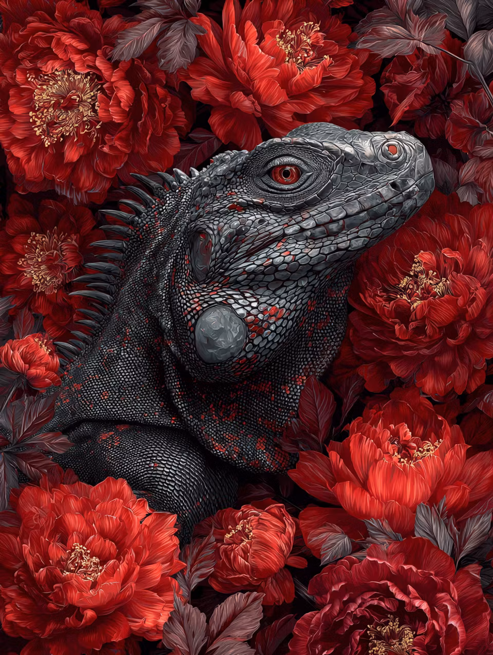 Korsstygn - Ödla bland röda blommor (Beställningsvara)