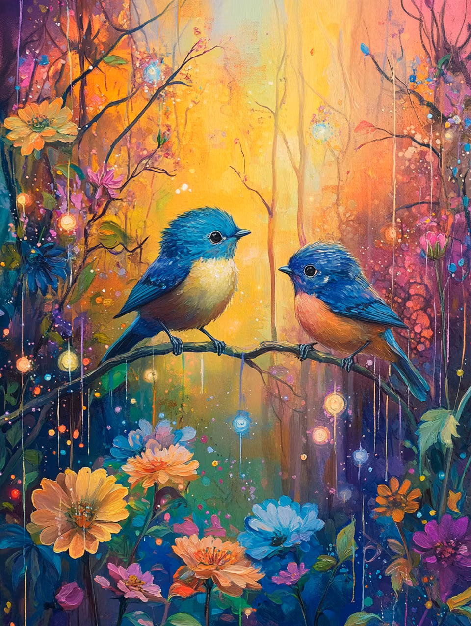 Diamond Painting - Småfåglar bland färgglada blommor (Beställningsvara)