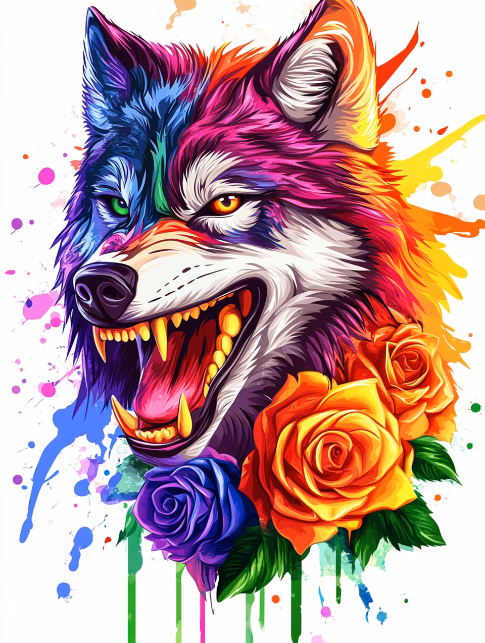 Diamond Painting - Färgsprakande varg med rosor (Beställningsvara)