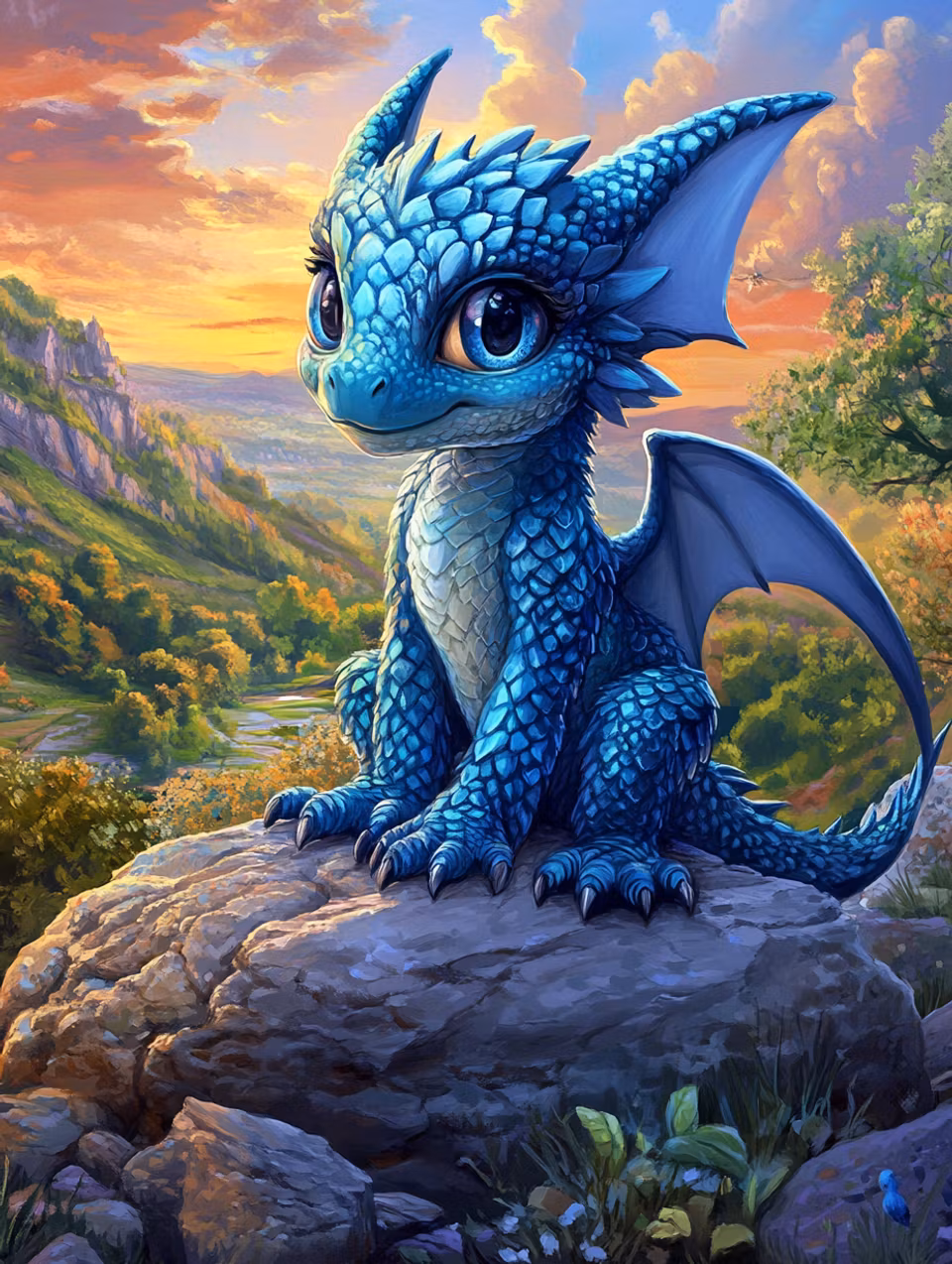 Diamond Painting - Blå drake i solnedgång (Beställningsvara)