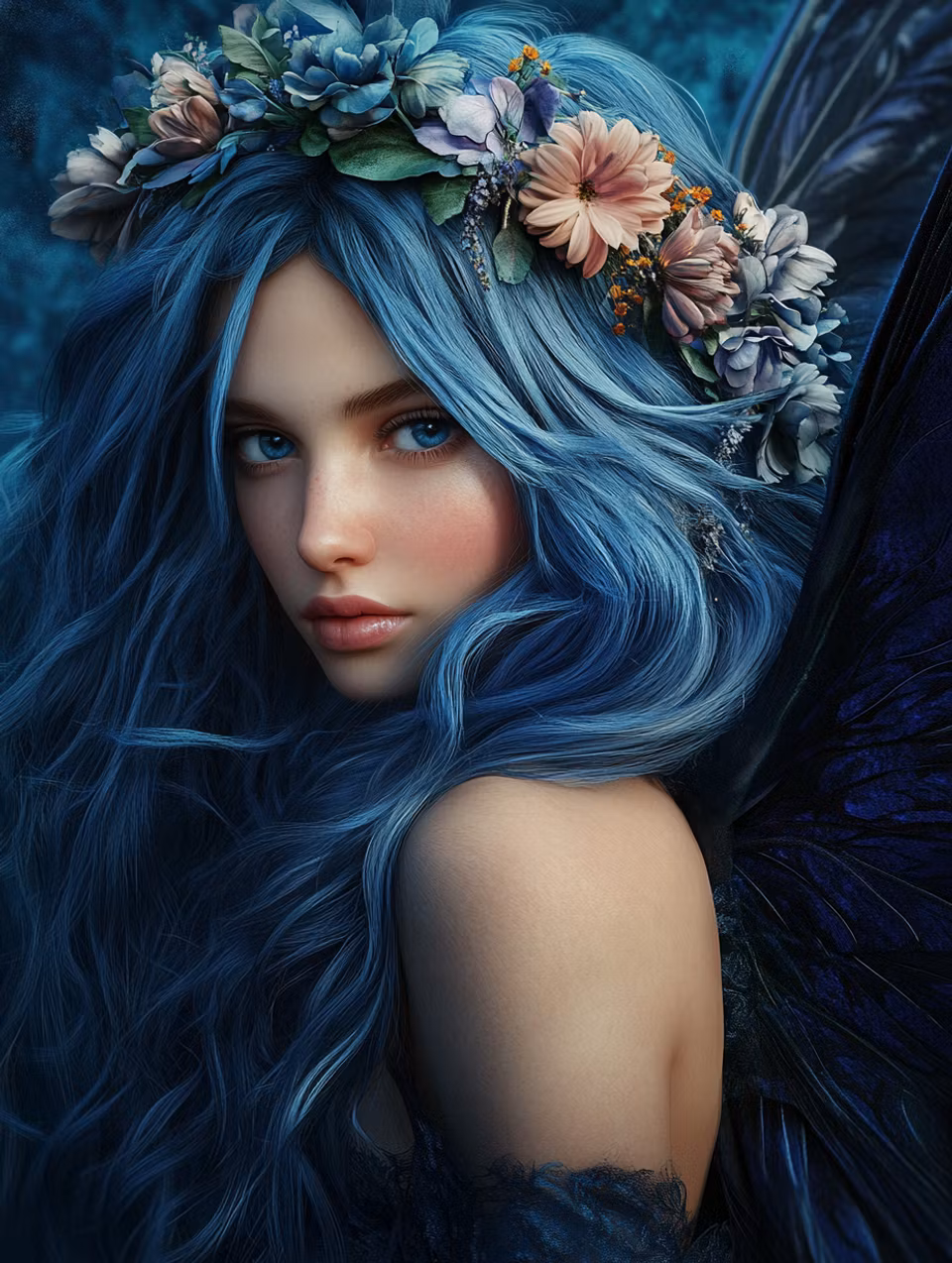 Paint by number - Blåhårig älva med blomsterkrans (Beställningsvara)