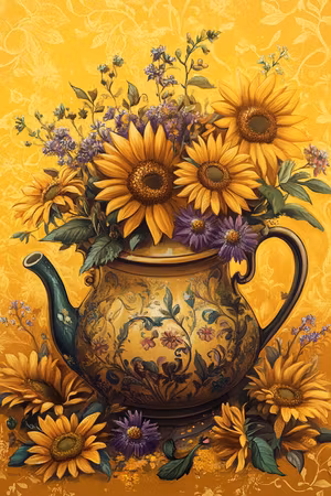 Paint by number - Solens blomster i tekannan (Beställningsvara)