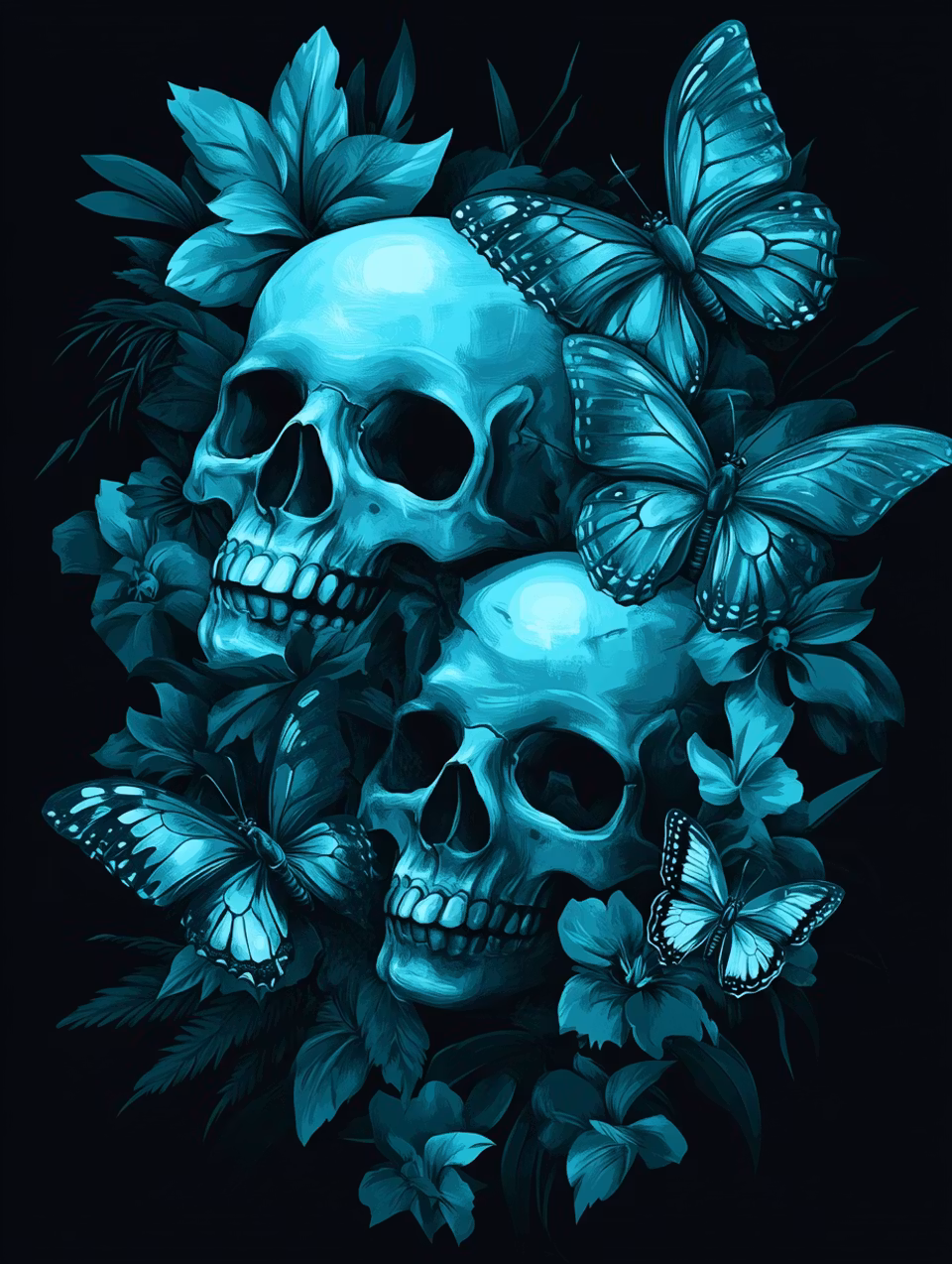 Korsstygn - Turkosa dödskallar med fjärilar (Beställningsvara)