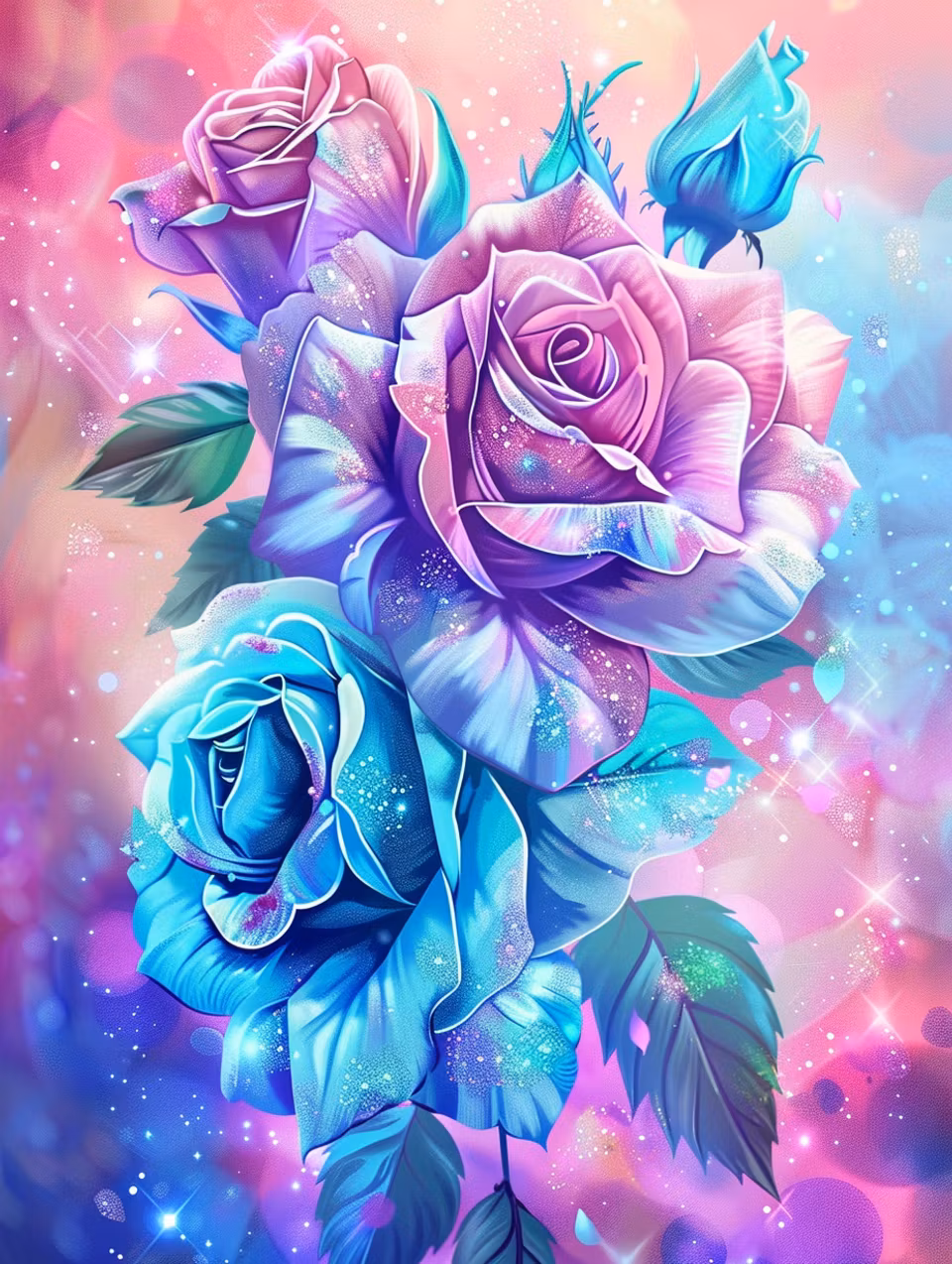 Paint by number - Rosenfantasi i blått och rosa (Beställningsvara)