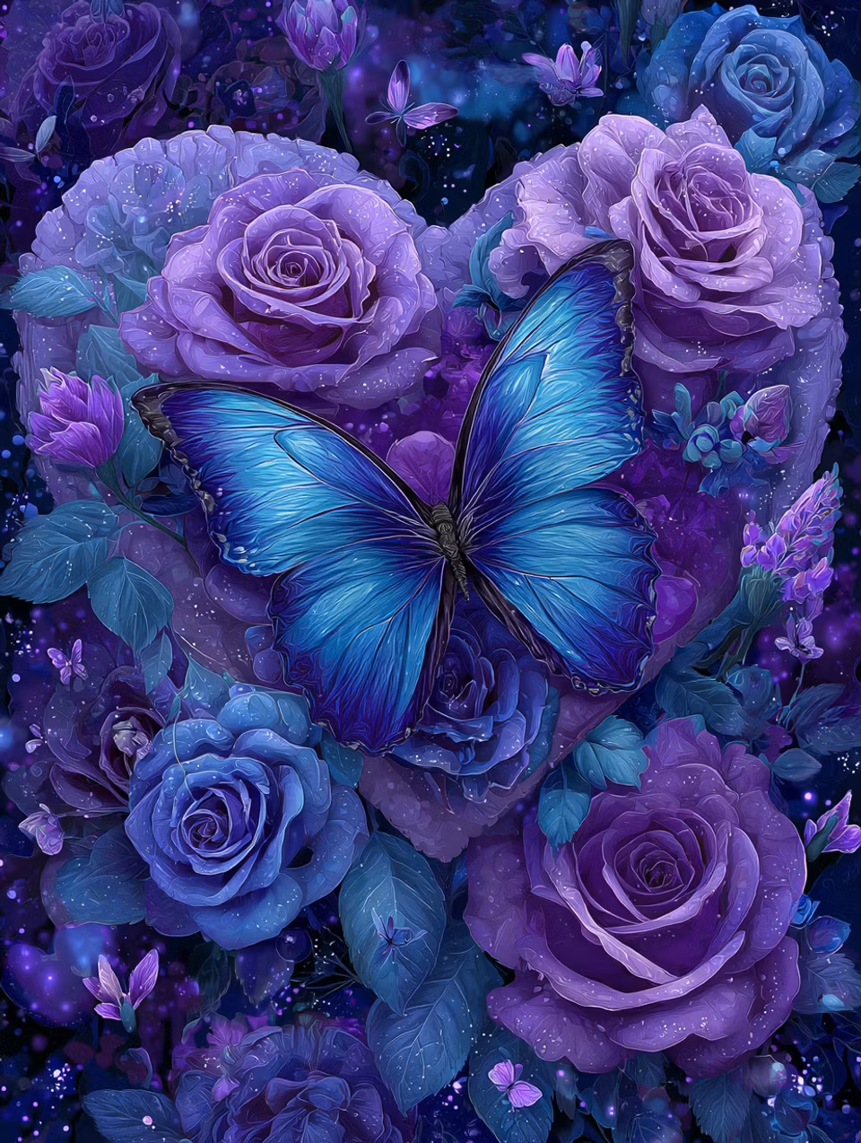 diamond painting akryl, fjäril bland lila rosor