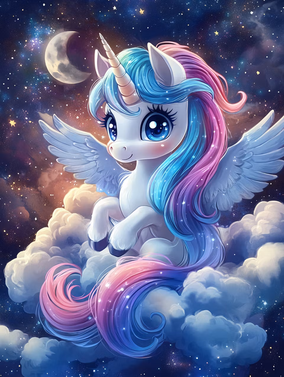 diamond painting akryl, enhörning bland moln och stjärnor