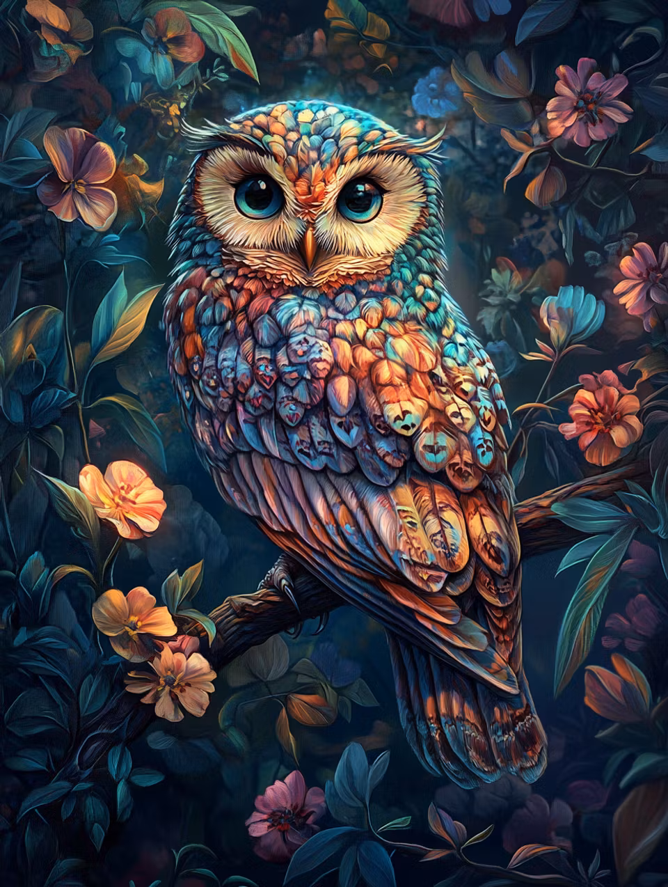 Diamond Painting - Färgglad uggla i mörk skog (Beställningsvara)