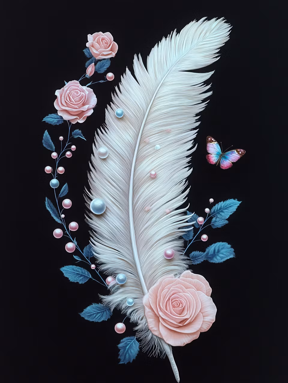 Diamond Painting - Vit fjäder med pärlor och rosor (Beställningsvara)