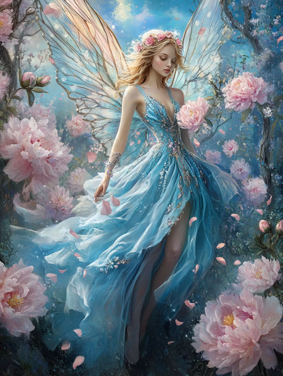 Diamond Painting - En dans bland kronblad och himmel (Beställningsvara)