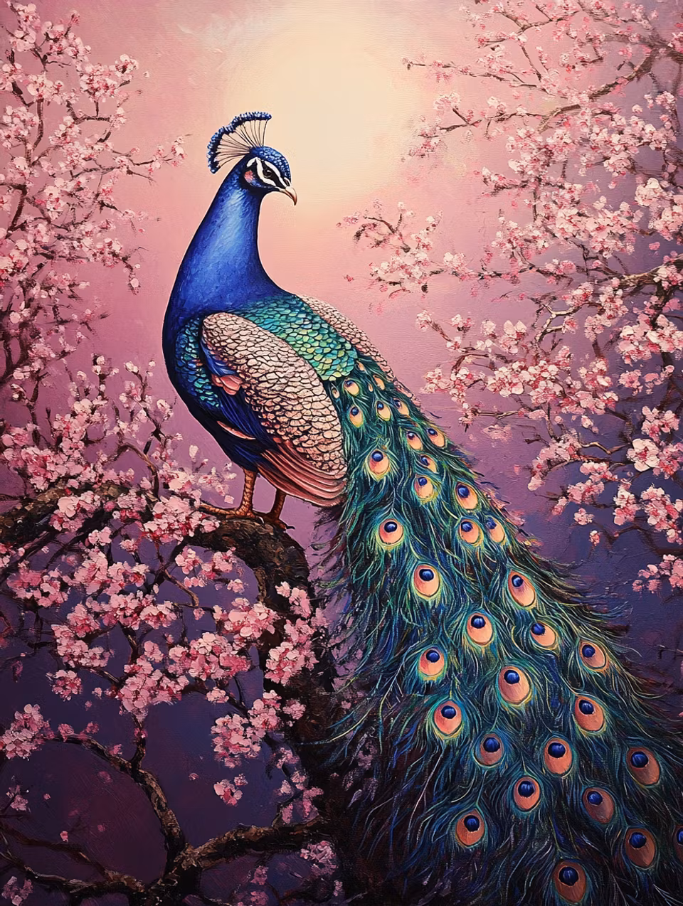 Diamond Painting - Påfågelns serenad under körsbärsträden (Beställningsvara)