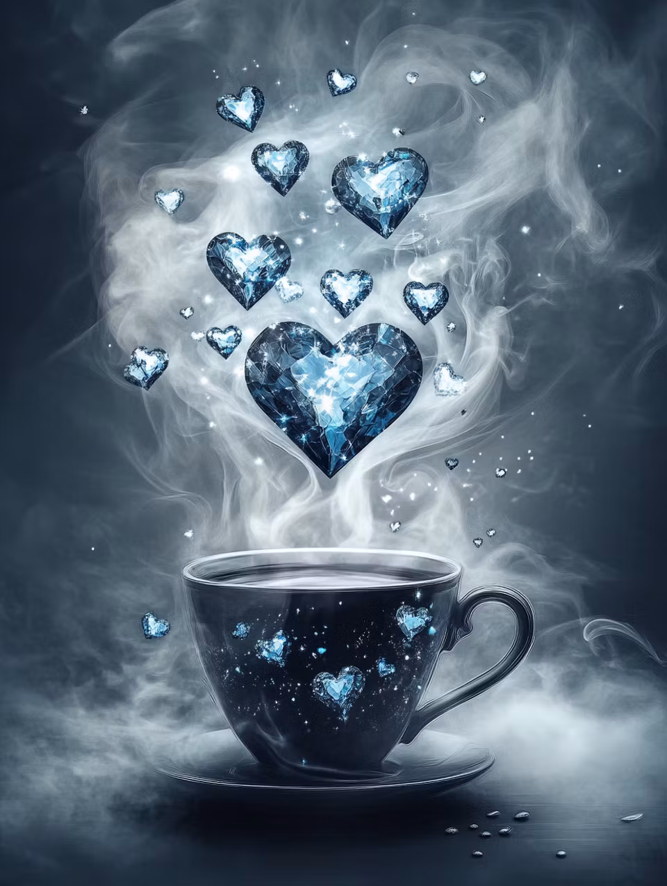 Diamond Painting - Blå glittrande hjärtan över kaffekopp (Beställningsvara)