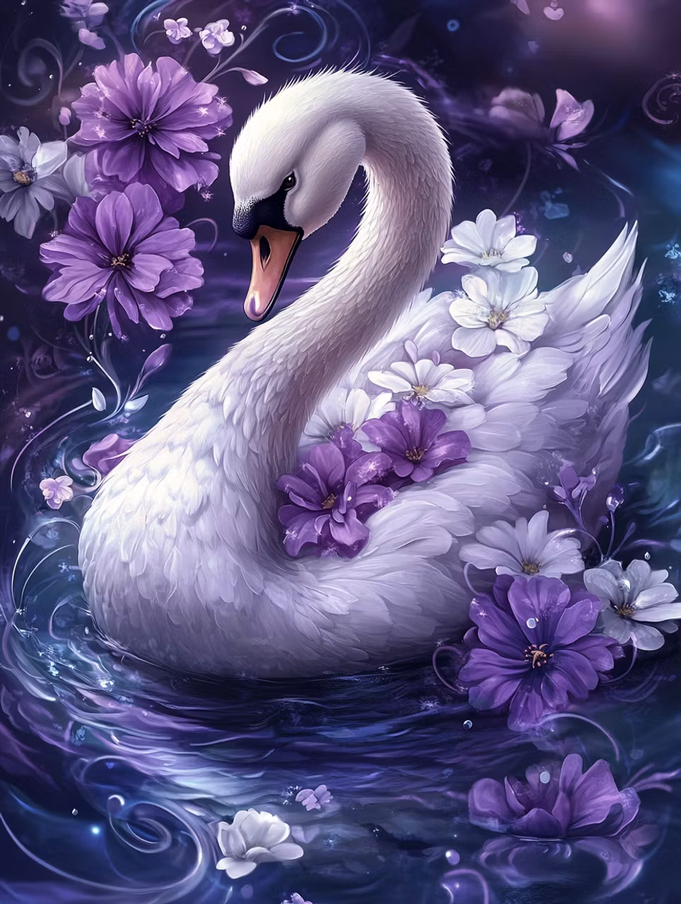 Korsstygn - Svan med lila blommor på vattnet (Beställningsvara)
