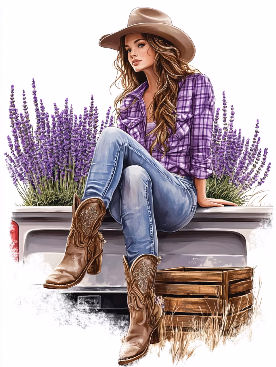 Paint by number - Kvinna i cowboykläder bland lavendel (Beställningsvara)