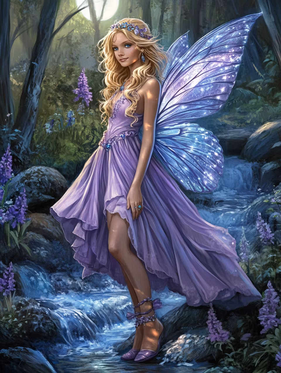 Korsstygn, nybörjare, månsken, fe, lila klänning