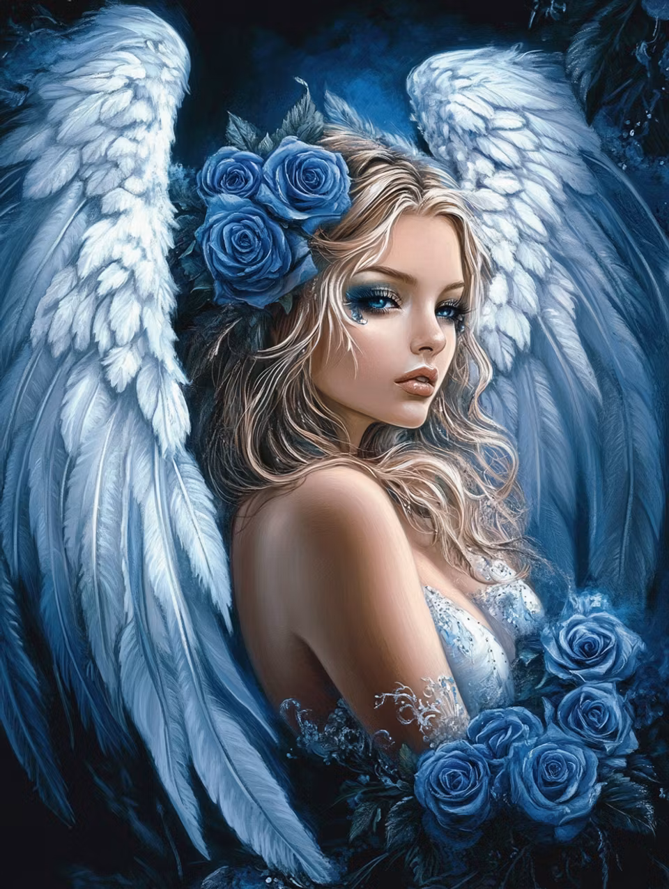 Korsstygn, nybörjare, ängel, profil, blå rosor