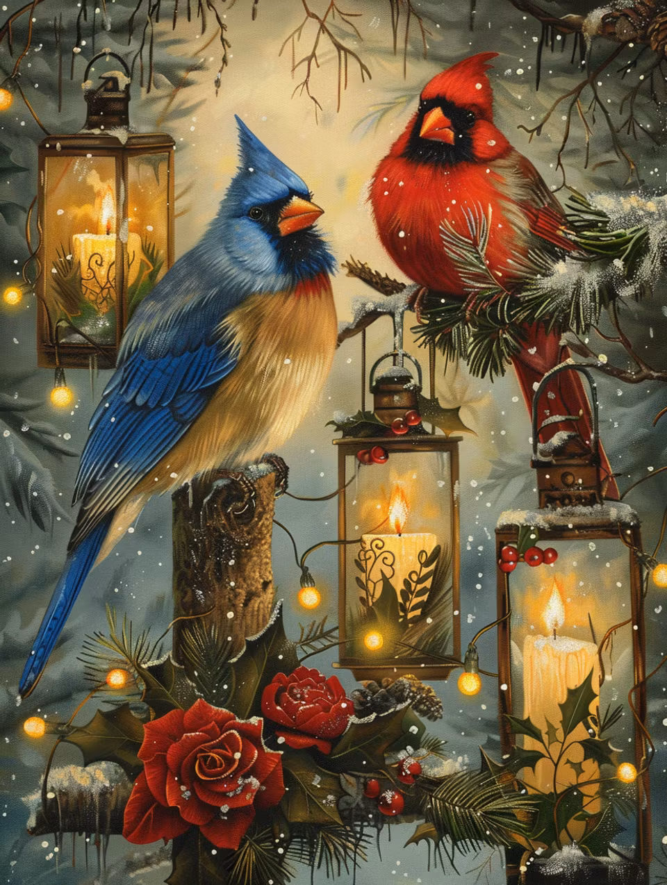 Korsstygn, nybörjare, fåglar, lyktor, vinter