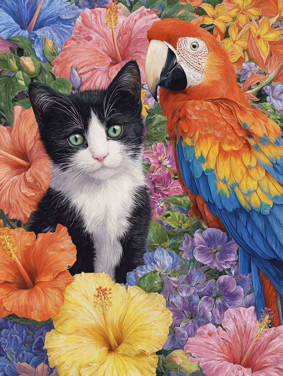 Korsstygn - Katt & ara i paradis (Beställningsvara)