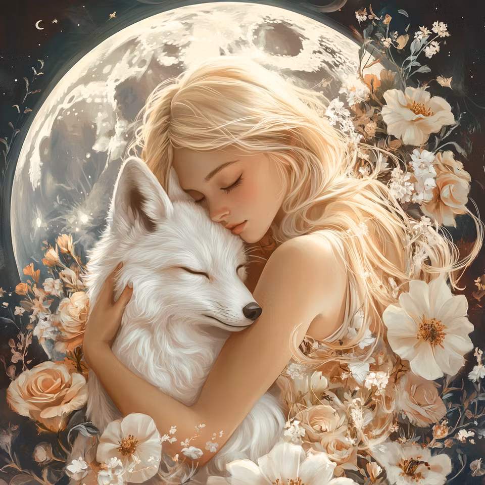 korsstygn, flicka och varg i månsken