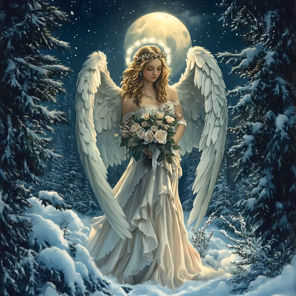 korsstygn, ängel i vinterlandskap