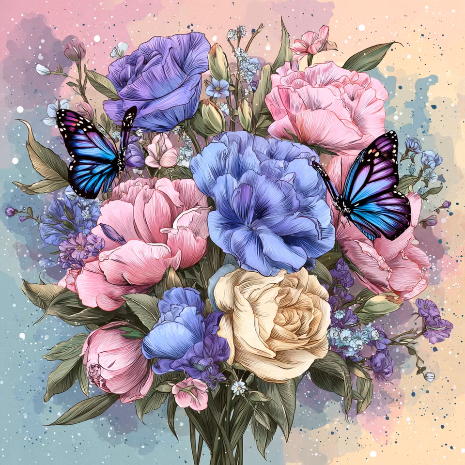 korsstygn, bukett med fjärilar i pastellfärger