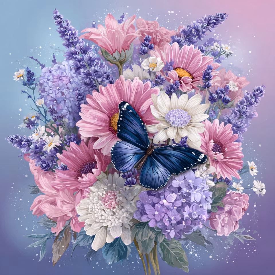 korsstygn, fjäril i rosa och lila bukett med blommor