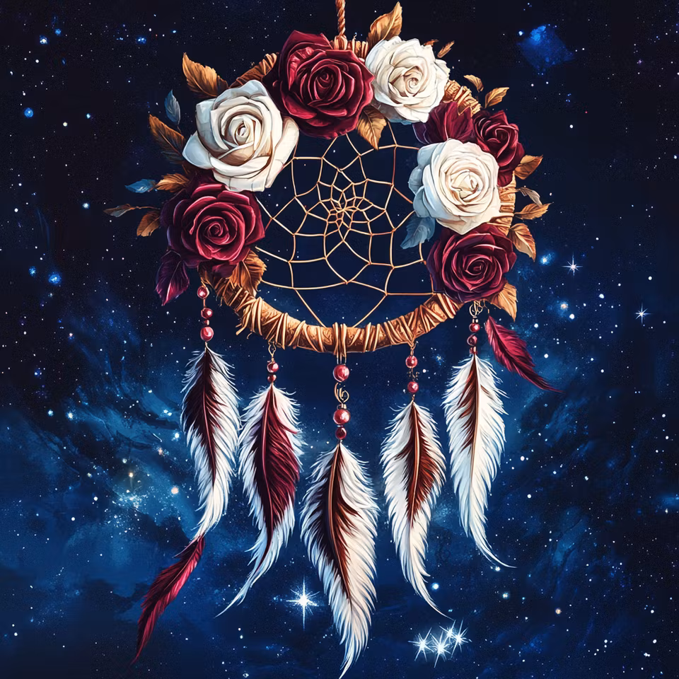 korsstygn, drömfångare med röda och vita rosor samt fjädrar