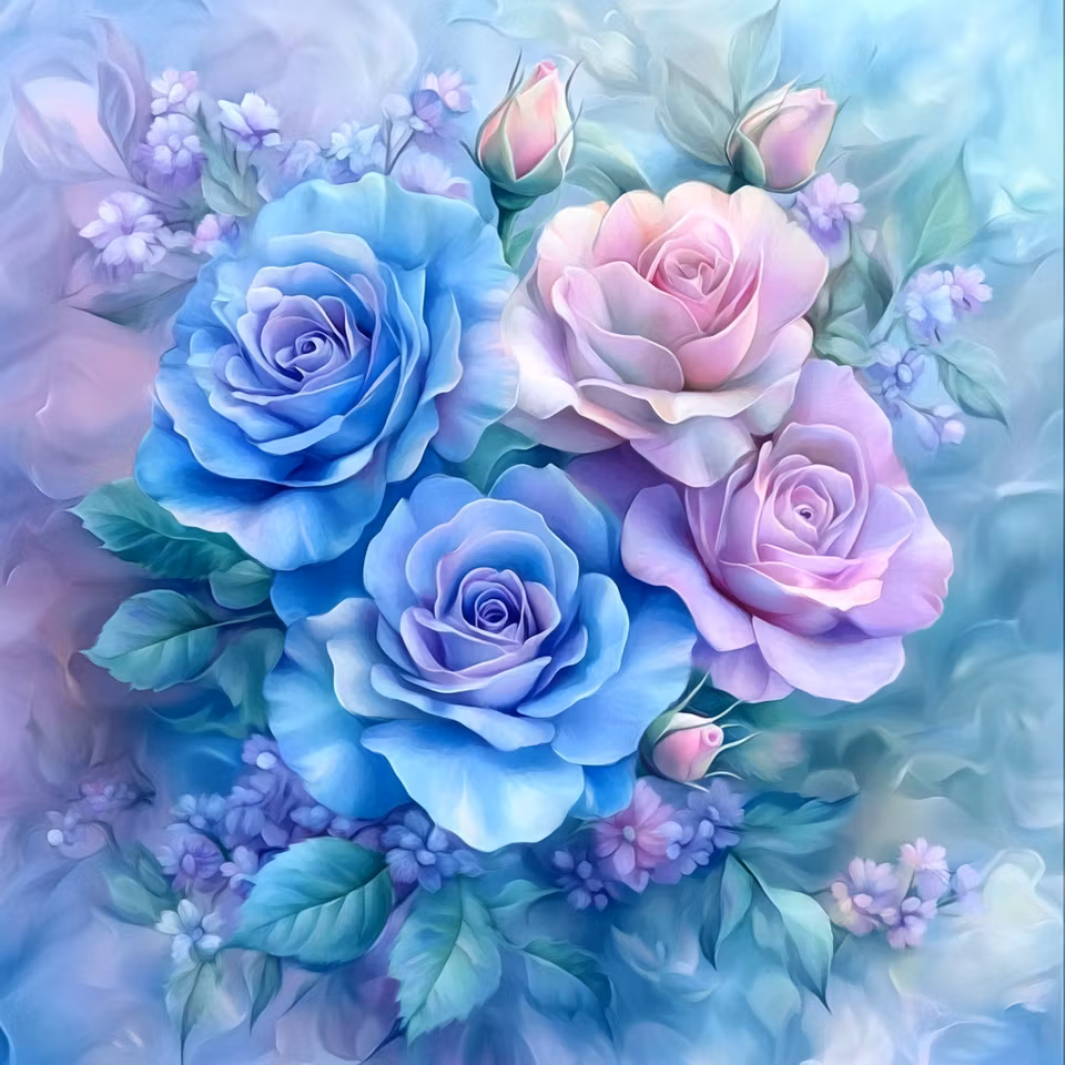 korsstygn, blombukett i rosa och blå toner