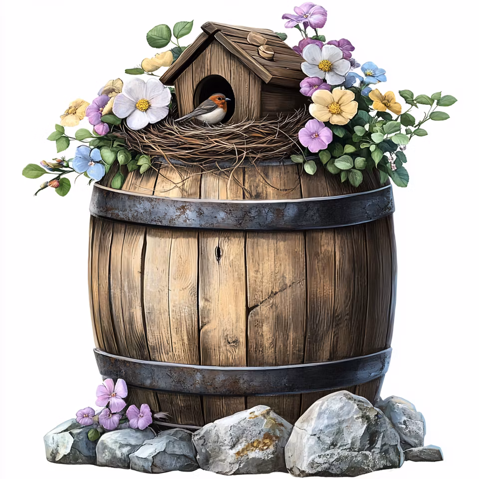 korsstygn, trätunna med fågelbo, blommor