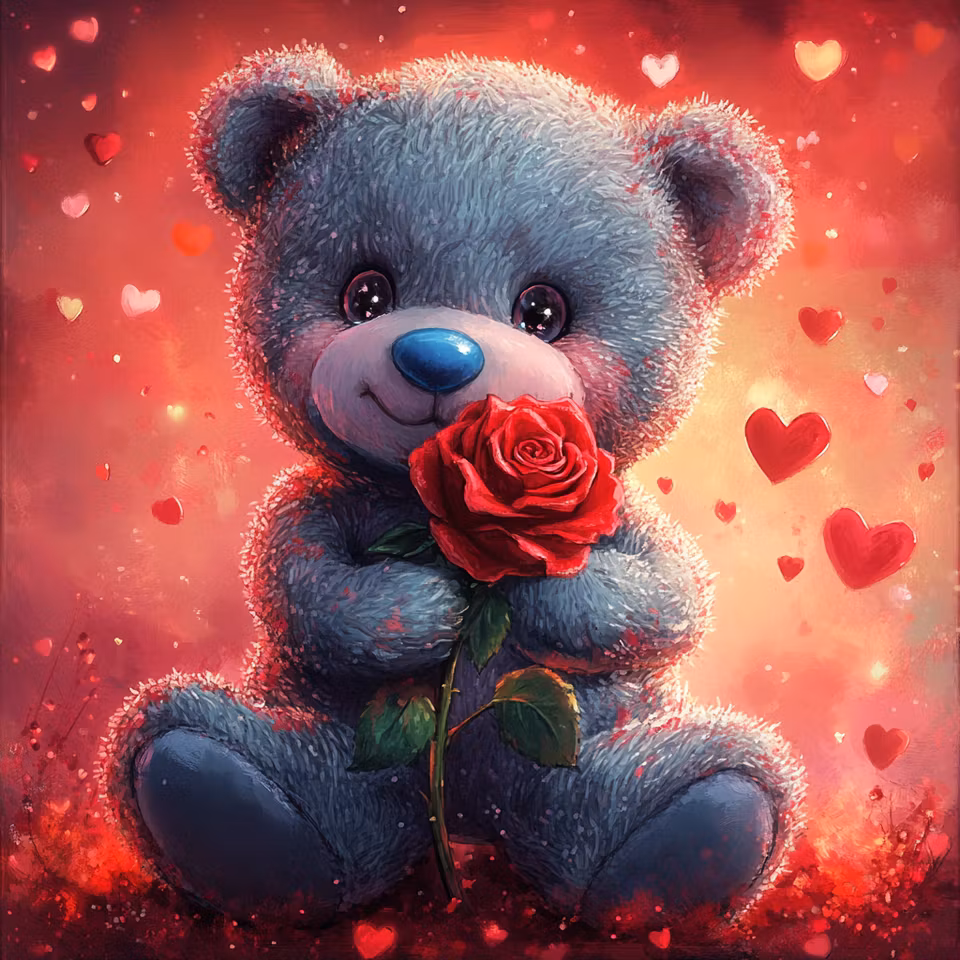 korsstygn, nalle med ros i en romantisk omgivning