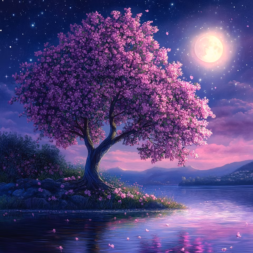 diamond painting,  träd under måne